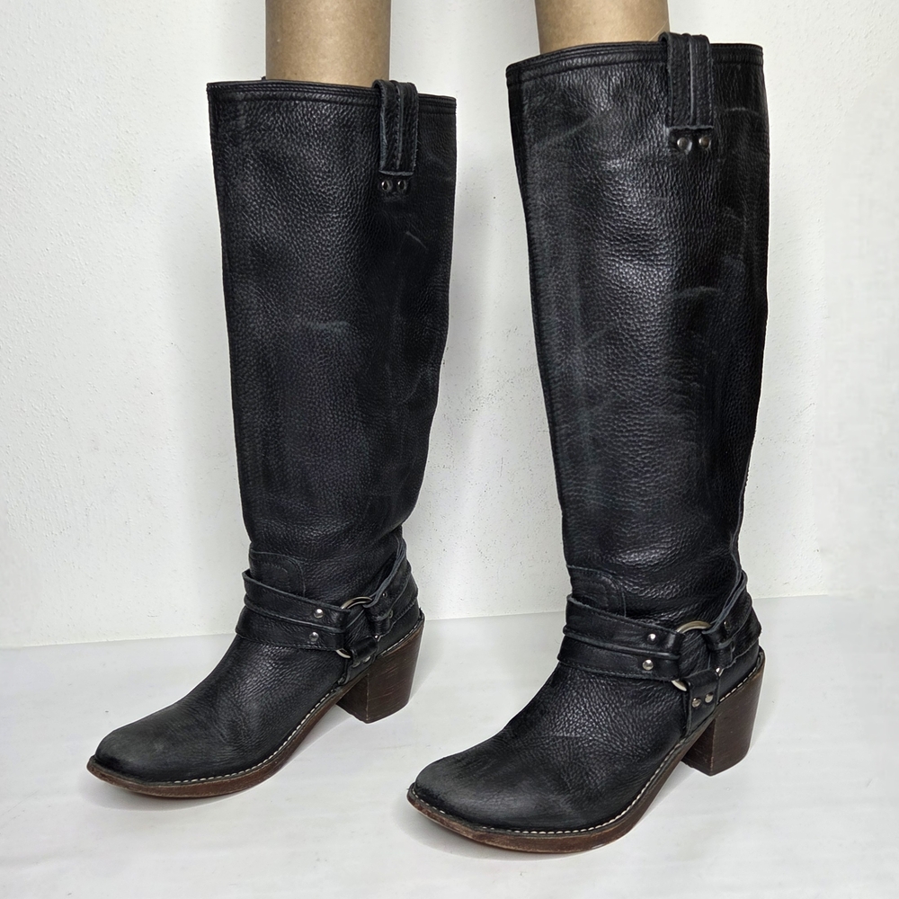 FRYE Carmen Harness Tall Boots Womens 9.5 B Biker Moto Black Leather Riding Boho